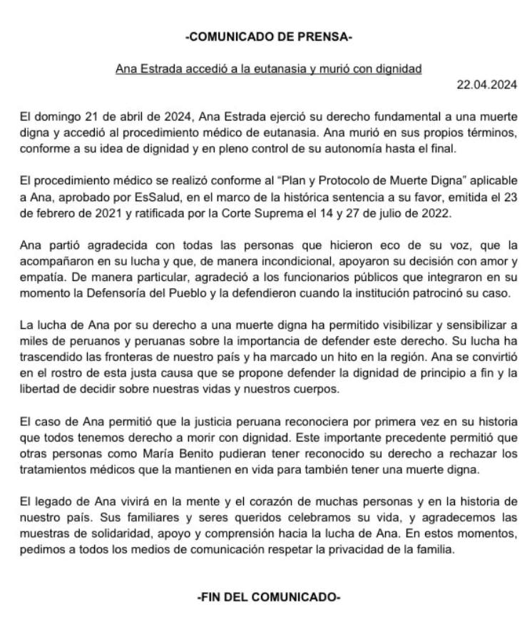 Activista Ana Estrada accedió el 21 de abril a la eutanasia, ejerciendo su derecho a una muerte digna 1 Activista Ana Estrada accedió el 21 de abril a la eutanasia, ejerciendo su derecho a una muerte digna