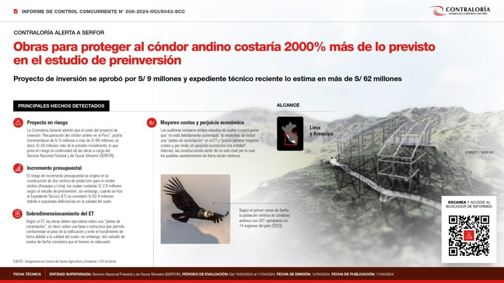 Contraloría Arequipa: obras para proteger al cóndor andino costarían 2,000% más de lo previsto en preinversión