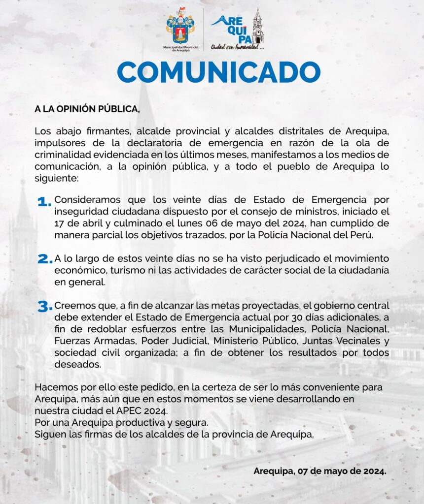 Arequipa: alcaldes insisten en ampliar el estado de emergencia por 30 días más por inseguridad en la ciudad 2026