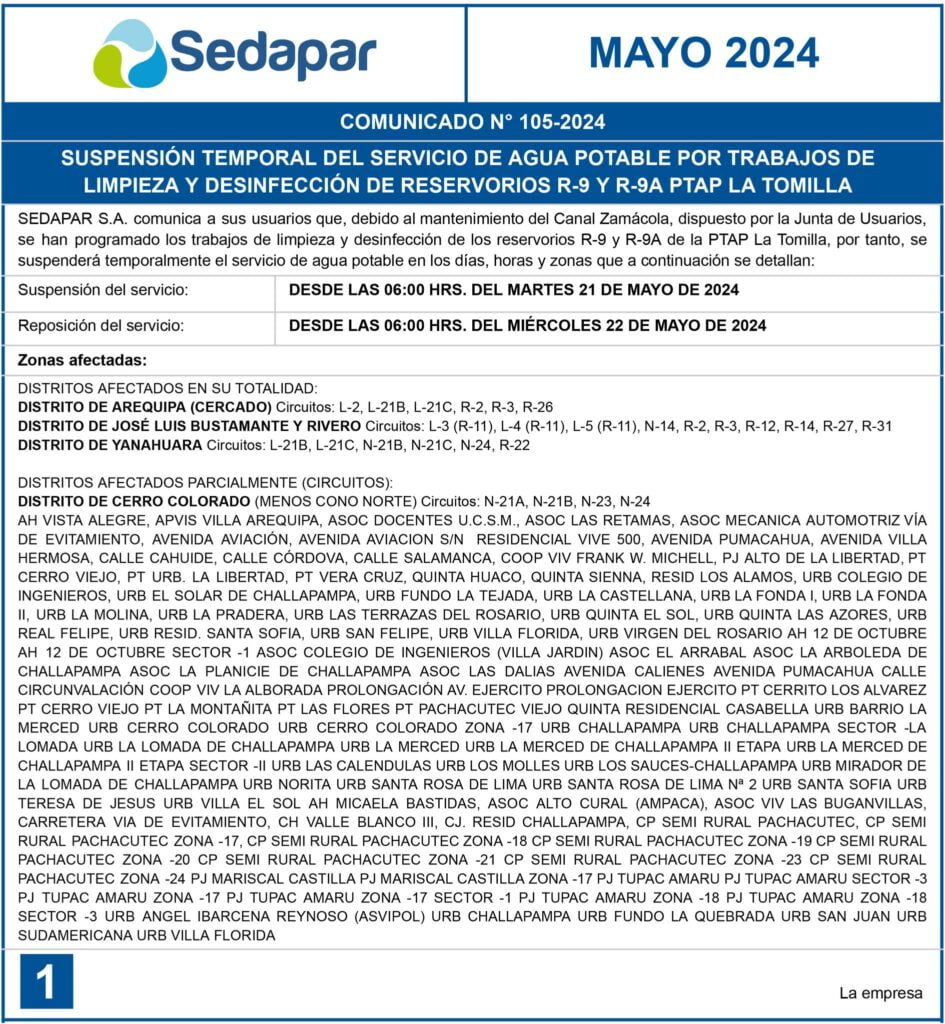 Sedapar corta servicio de agua potable en 13 distritos por 24 horas: sepa horario y zonas afectadas 2026