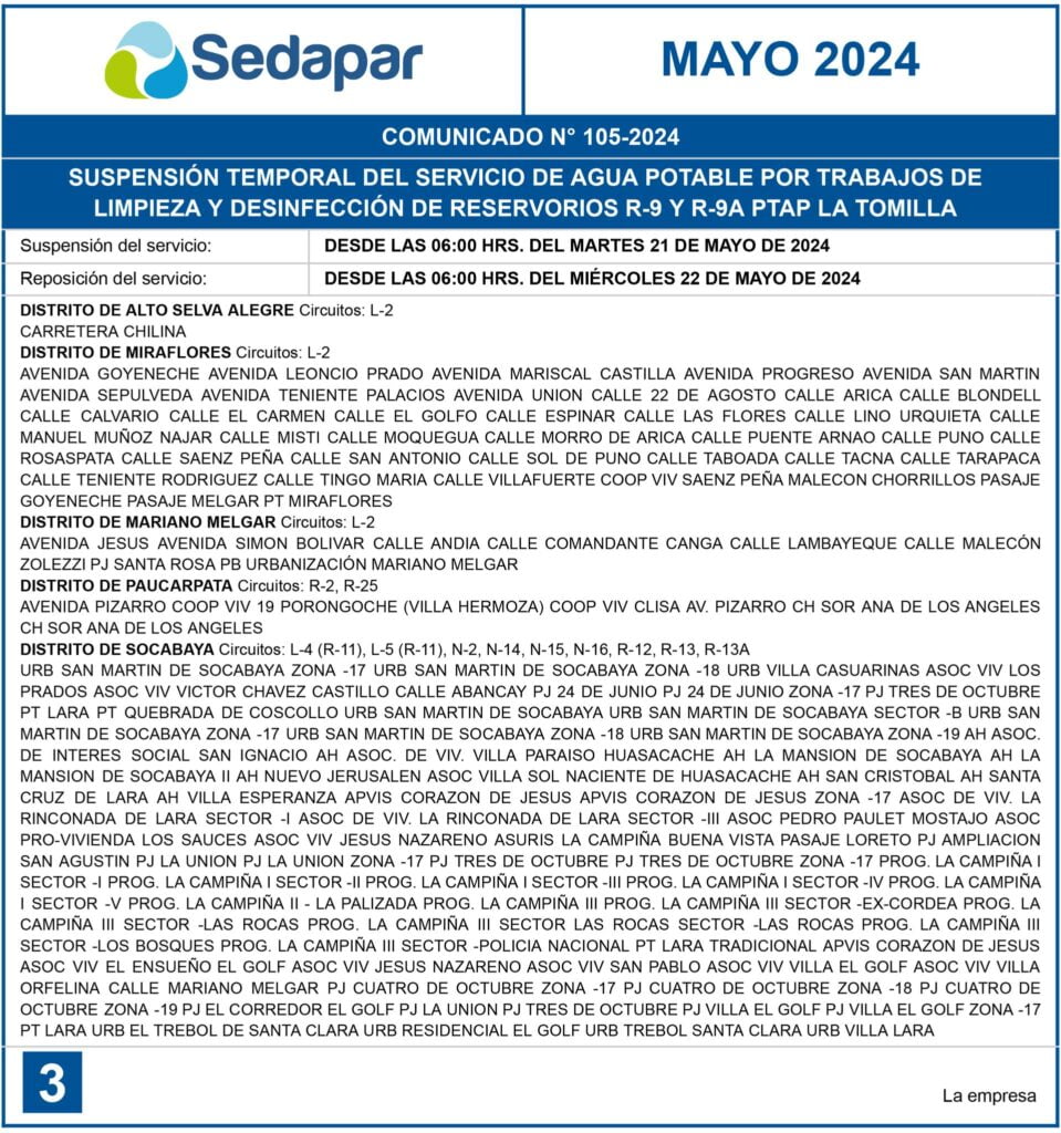 Sedapar corta servicio de agua potable en 13 distritos por 24 horas: sepa horario y zonas afectadas 2026