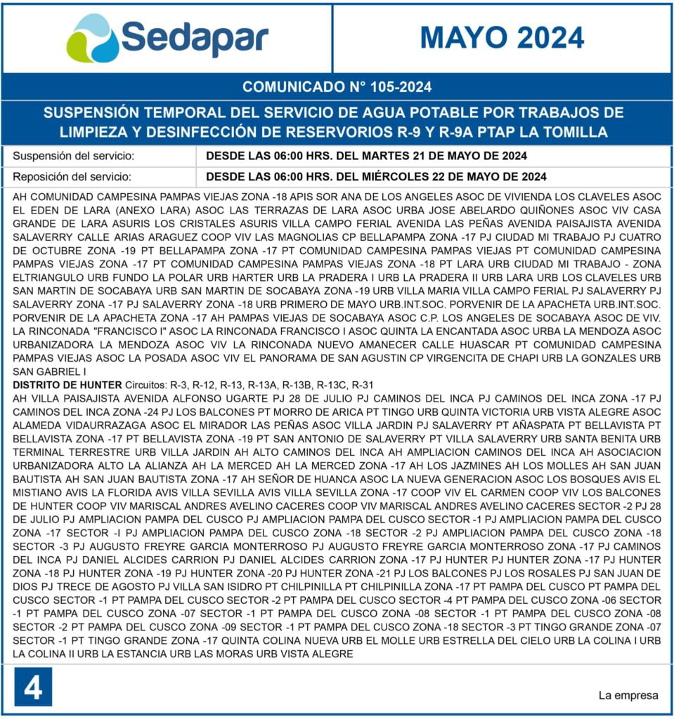 Sedapar corta servicio de agua potable en 13 distritos por 24 horas: sepa horario y zonas afectadas 2026