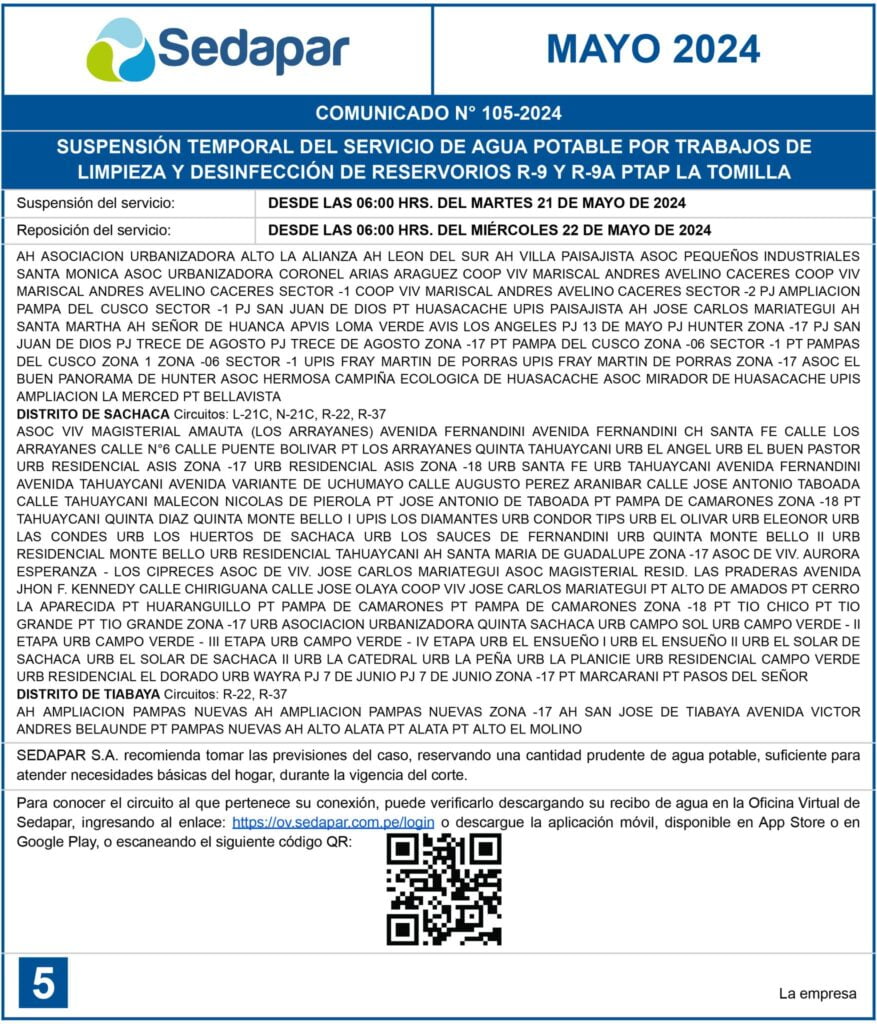 Sedapar corta servicio de agua potable en 13 distritos por 24 horas: sepa horario y zonas afectadas 2026
