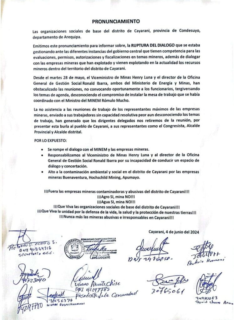Pobladores de Cayarani se declaran en huelga indefinida tras ruptura de diálogo con el MINEM 2026