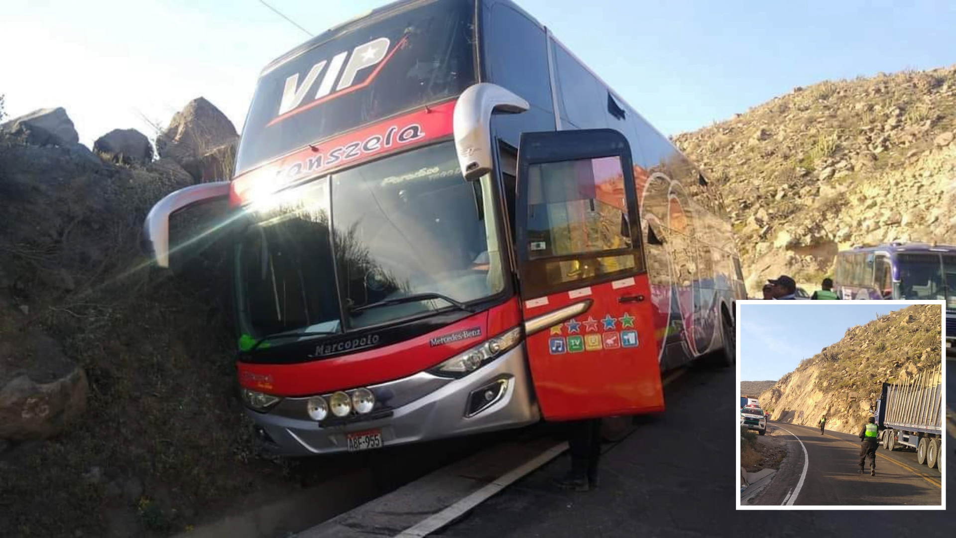 Otro accidente. Bus Transzela y dos camiones chocaron en vía Arequipa - Puno, 2 personas quedaron heridas.