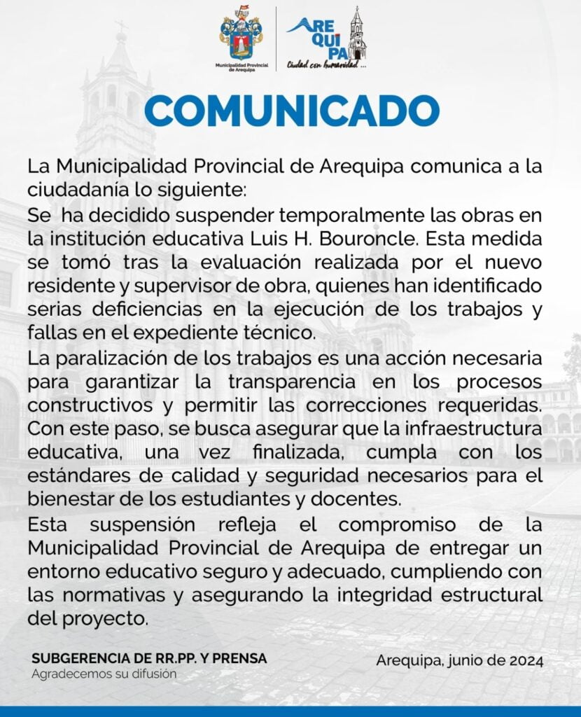 Paralizan obras en colegio Luis H. Bouroncle por deficiencias en la obra y en el expediente técnico 2026