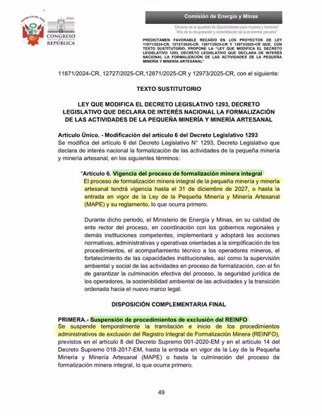 Congreso debate nuevo predictamen para ampliar el Reinfo para mineros hasta marzo de 2027 2026