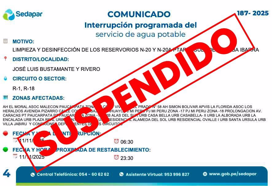 Corte de agua masivo en Arequipa este 11 de noviembre queda SUSPENDIDO, según Sedapar 2026