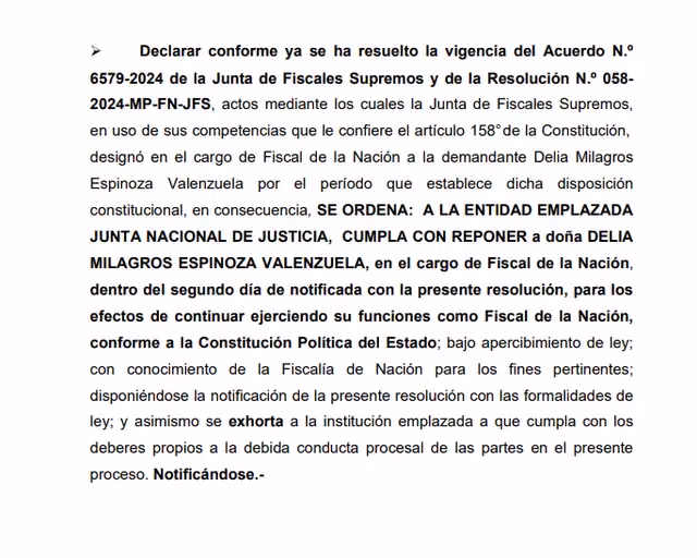 Poder Judicial ordena la reposición inmediata de Delia Espinoza como fiscal de la Nación 2026