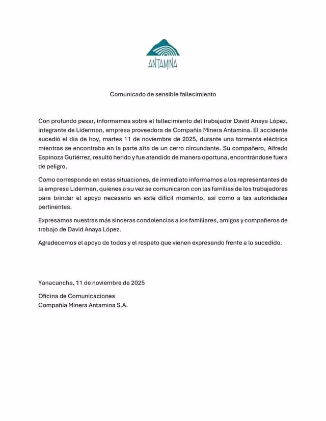 Tragedia en Áncash: fallece trabajador de seguridad tras tormenta eléctrica en minera Antamina 2026