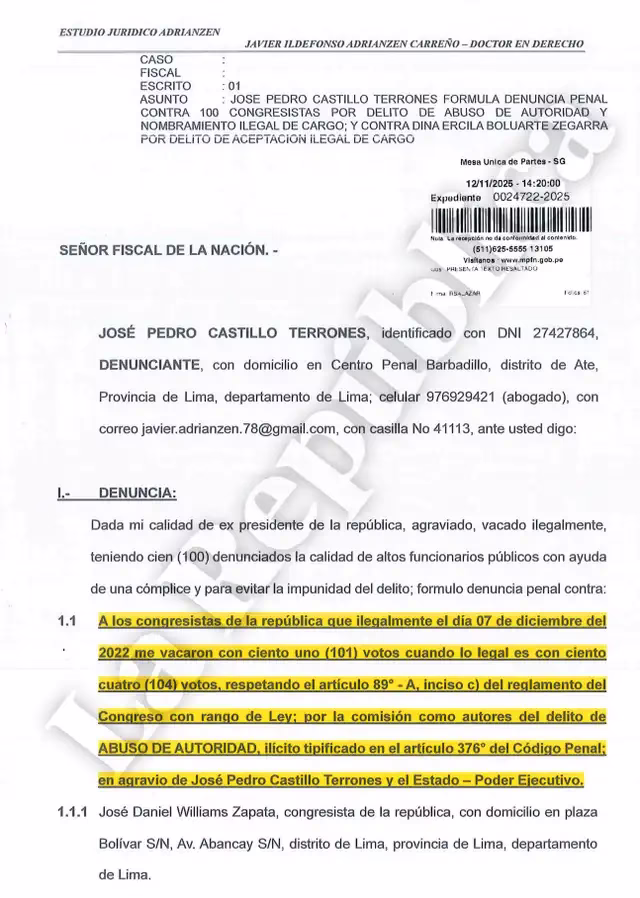 Pedro Castillo denuncia a los 100 congresistas que aprobaron su vacancia y acusa a Boluarte de asumir ilegalmente la presidencia 2026