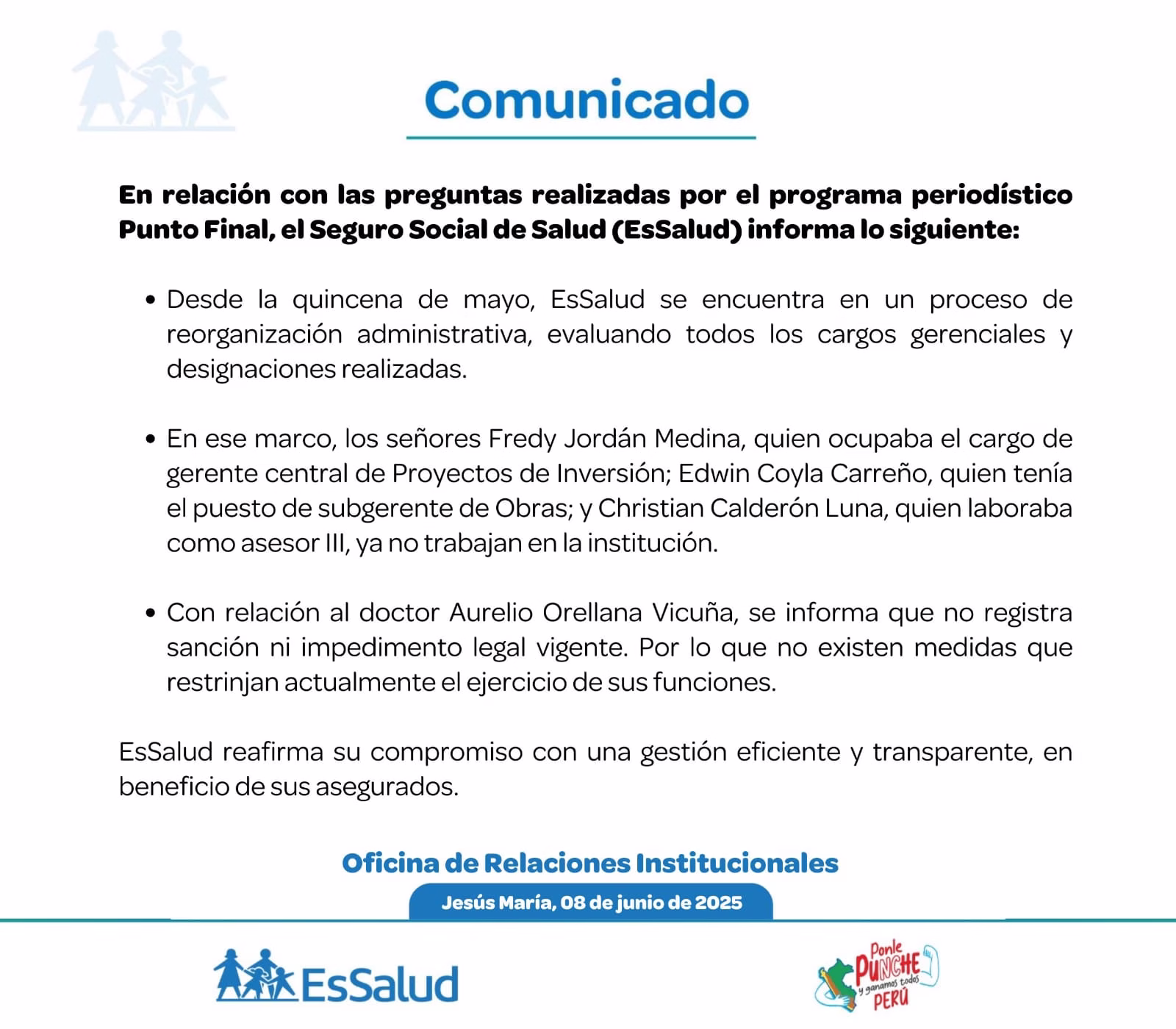 MINSA nuevamente en controversia por presuntas modificaciones de perfiles en PRONIS 1 Comunicado de EsSalud.