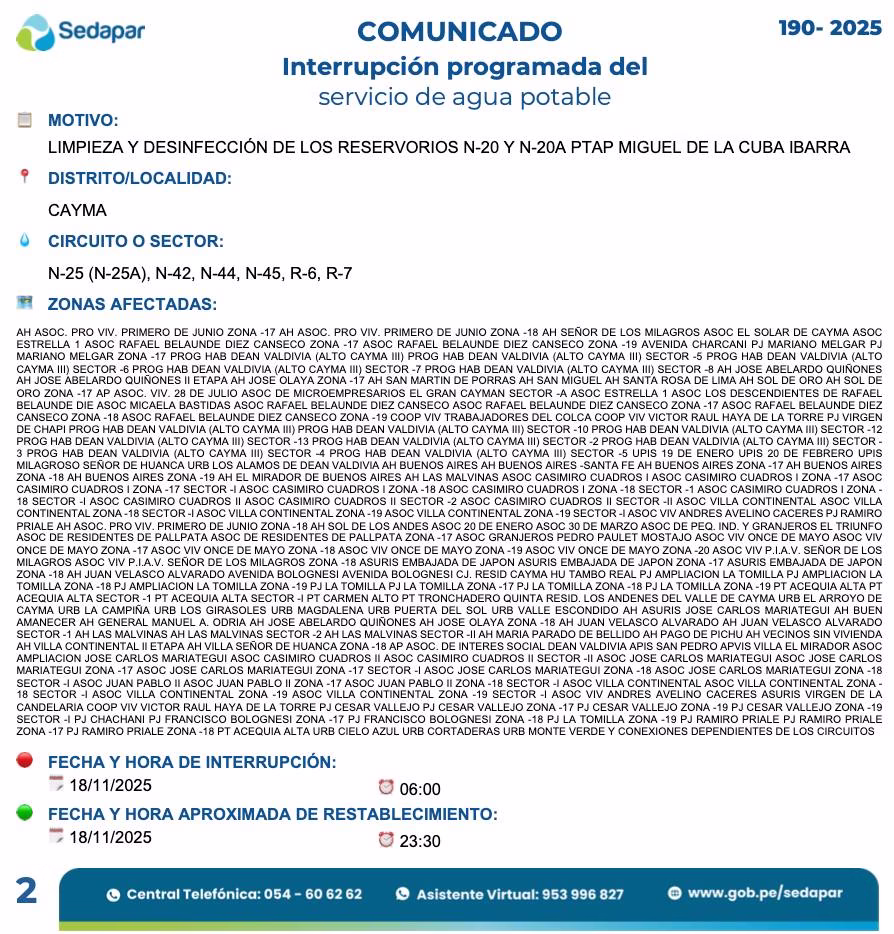 Sedapar advierte corte de agua masivo en Arequipa: revisa los distritos y horarios afectados este martes 18 de noviembre 2026