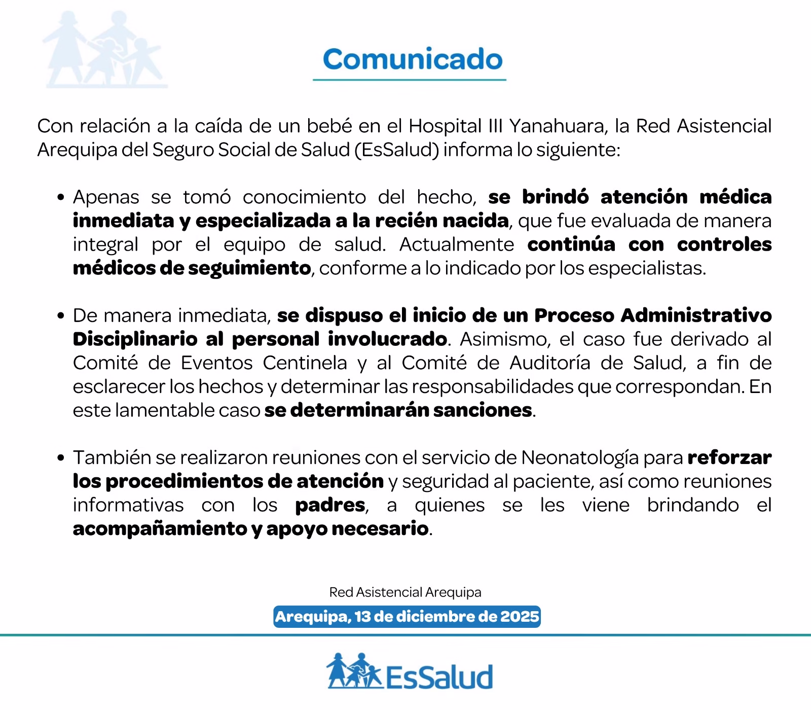 Recién nacida se fracturó la cabeza en EsSalud Arequipa: investigan presunta negligencia 1 Recién nacida se fracturó la cabeza en EsSalud Arequipa: investigan presunta negligencia 2026
