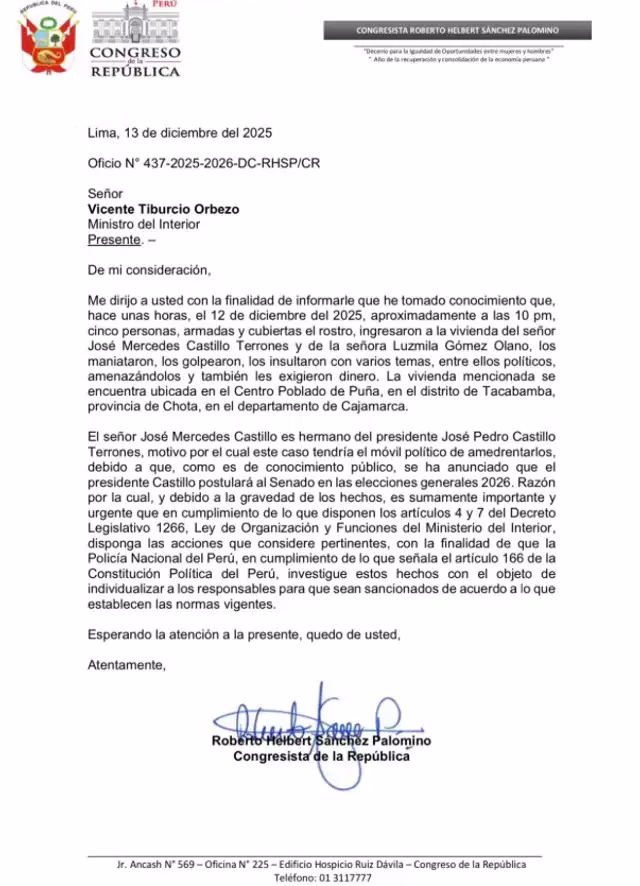 Pedro Castillo denuncia violento asalto contra su familia en Cajamarca 2026