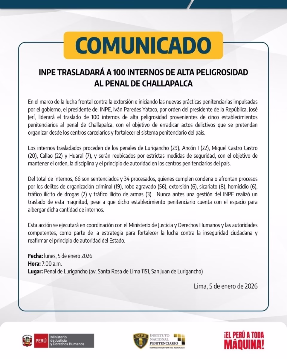 Ejecutivo dispone envío de 100 internos peligrosos al penal de Challapalca pese a rechazo en Tacna 2026