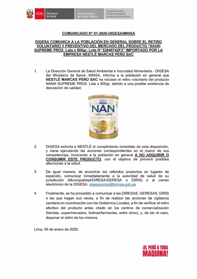 Alerta sanitaria: Digesa retira del mercado conocida leche infantil y pide no comprarla ni consumirla 2026