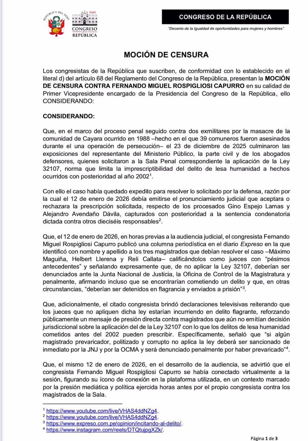 Impulsan censura contra Fernando Rospigliosi por intromisión en el Poder Judicial y vulnerar la neutralidad del Congreso 2026