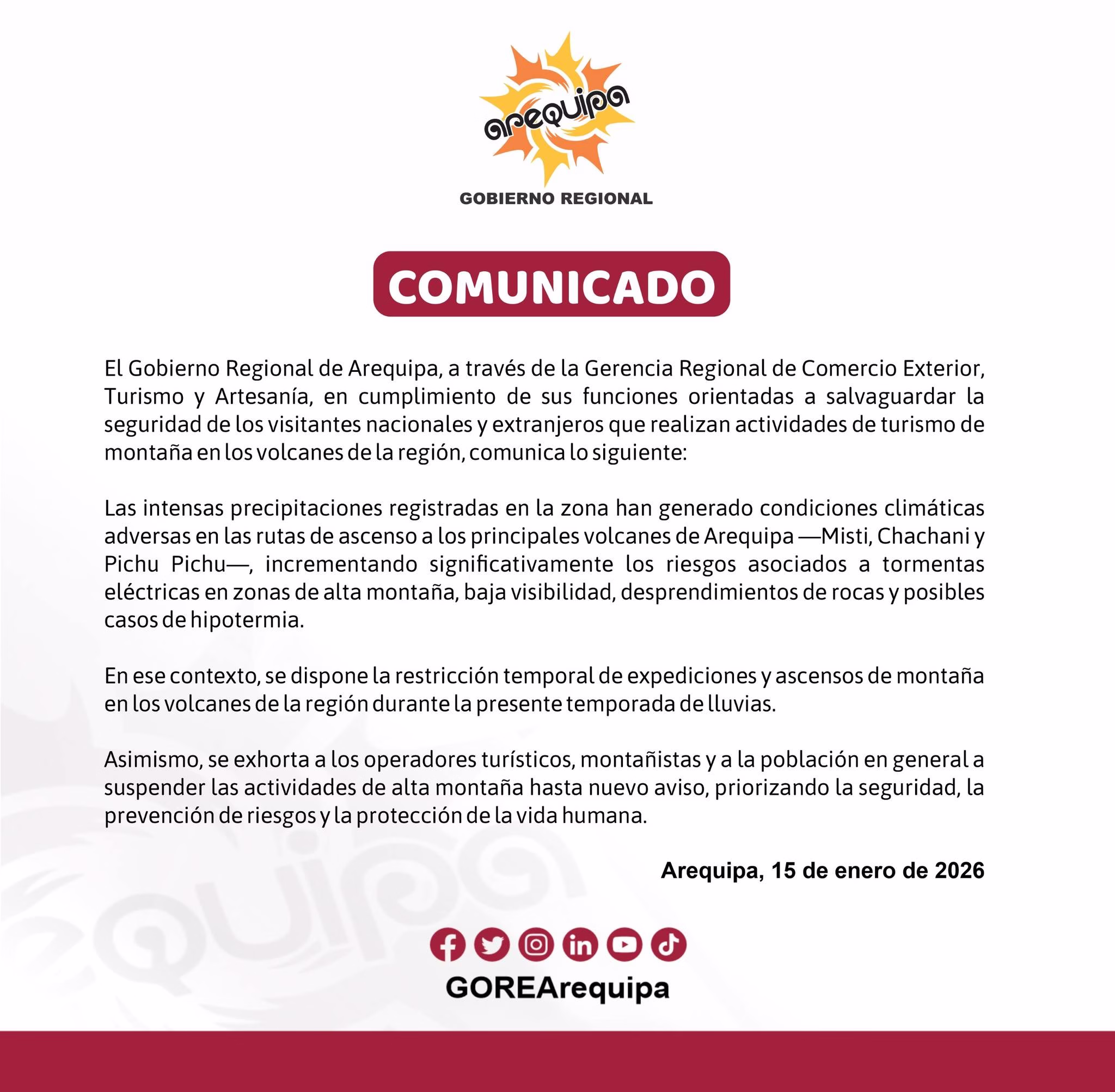 Prohíben ascenso al volcán Misti y otros nevados de Arequipa por alto riesgo debido a las lluvias 2026