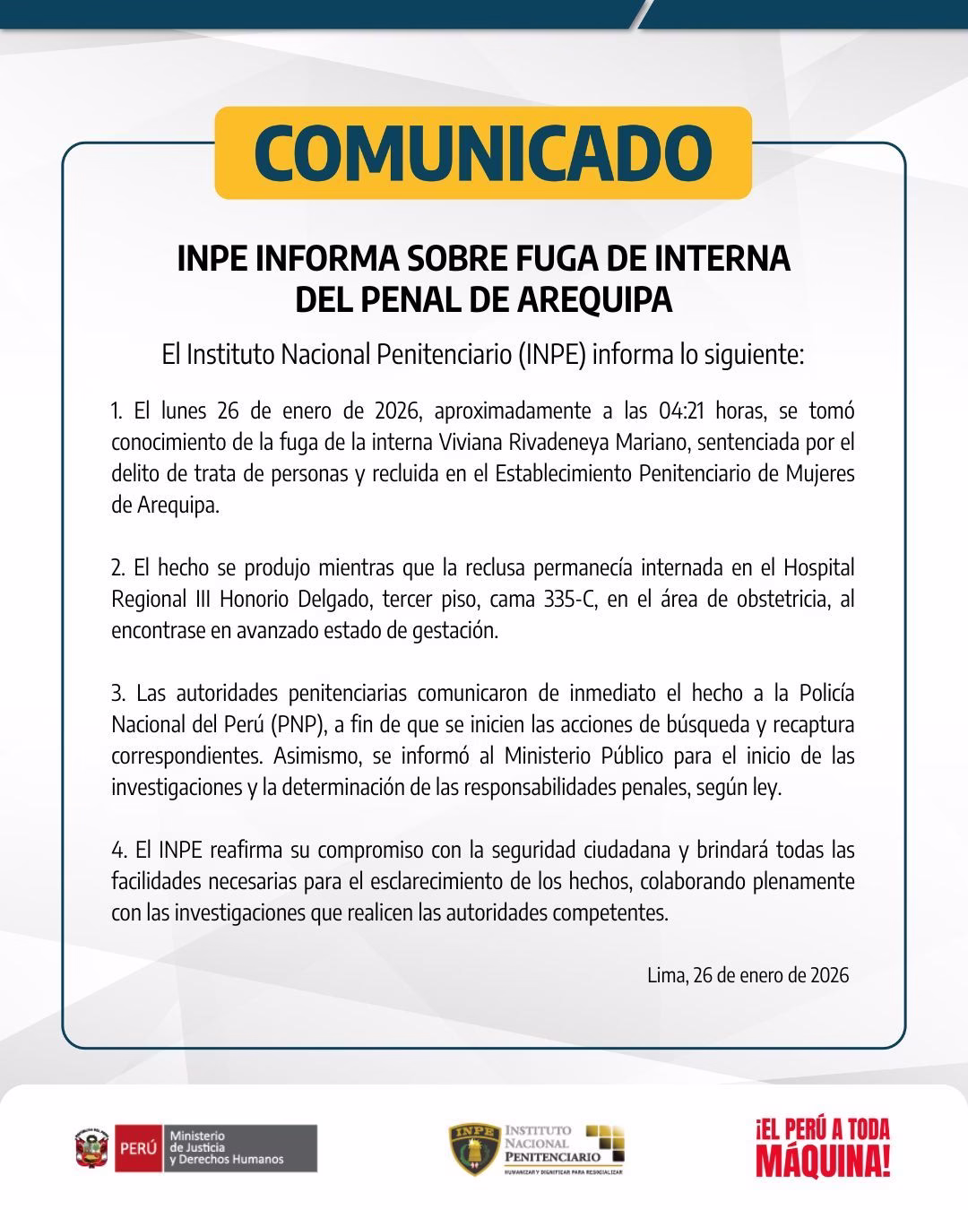 Arequipa: reclusa embarazada fuga del hospital Honorio Delgado Espinoza con el pretexto de ir al baño