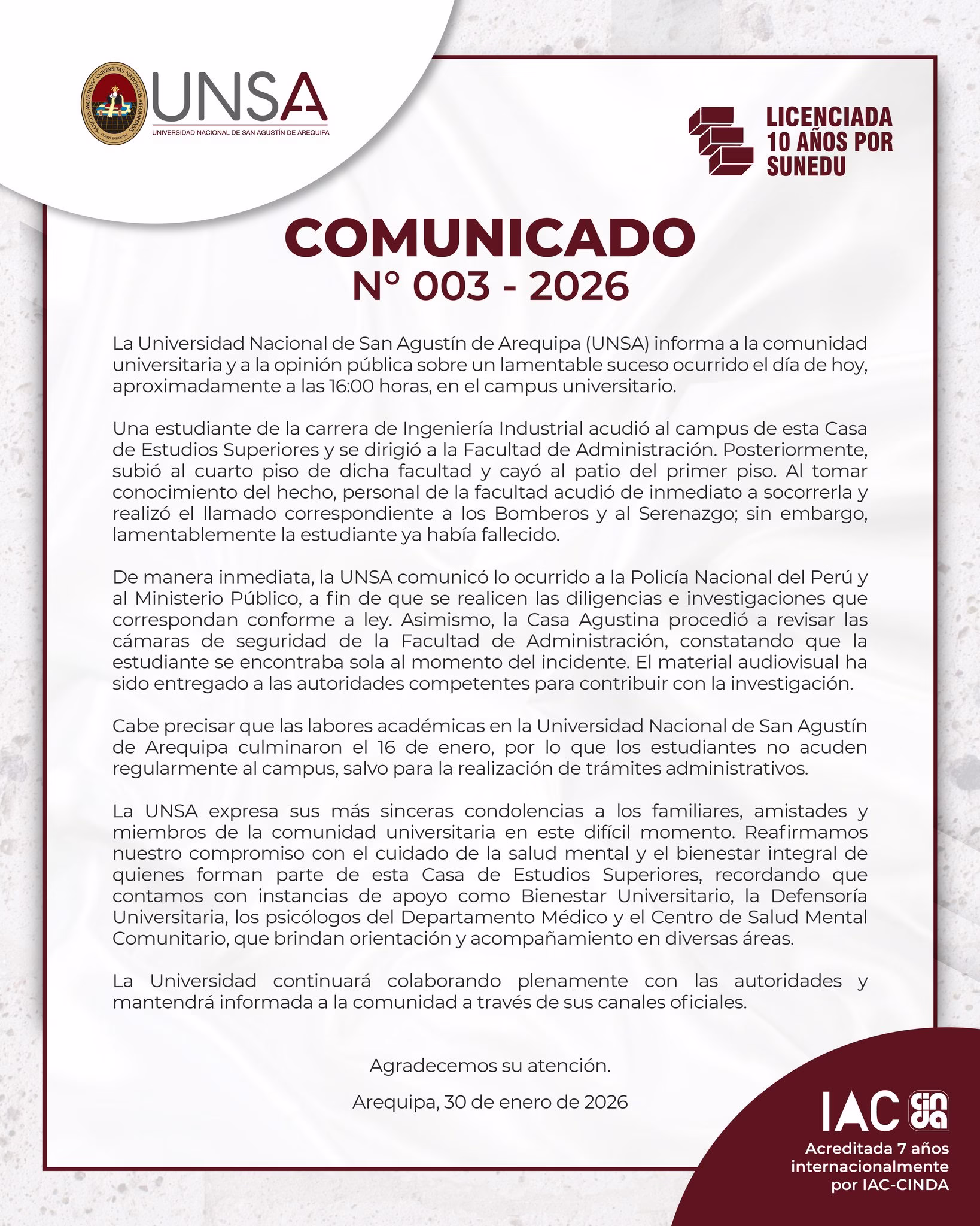 UNSA Arequipa: joven mujer fallece tras caer desde cuarto piso del pabellón de Administración 1 UNSA Arequipa: joven mujer fallece tras caer desde cuarto piso del pabellón de Administración