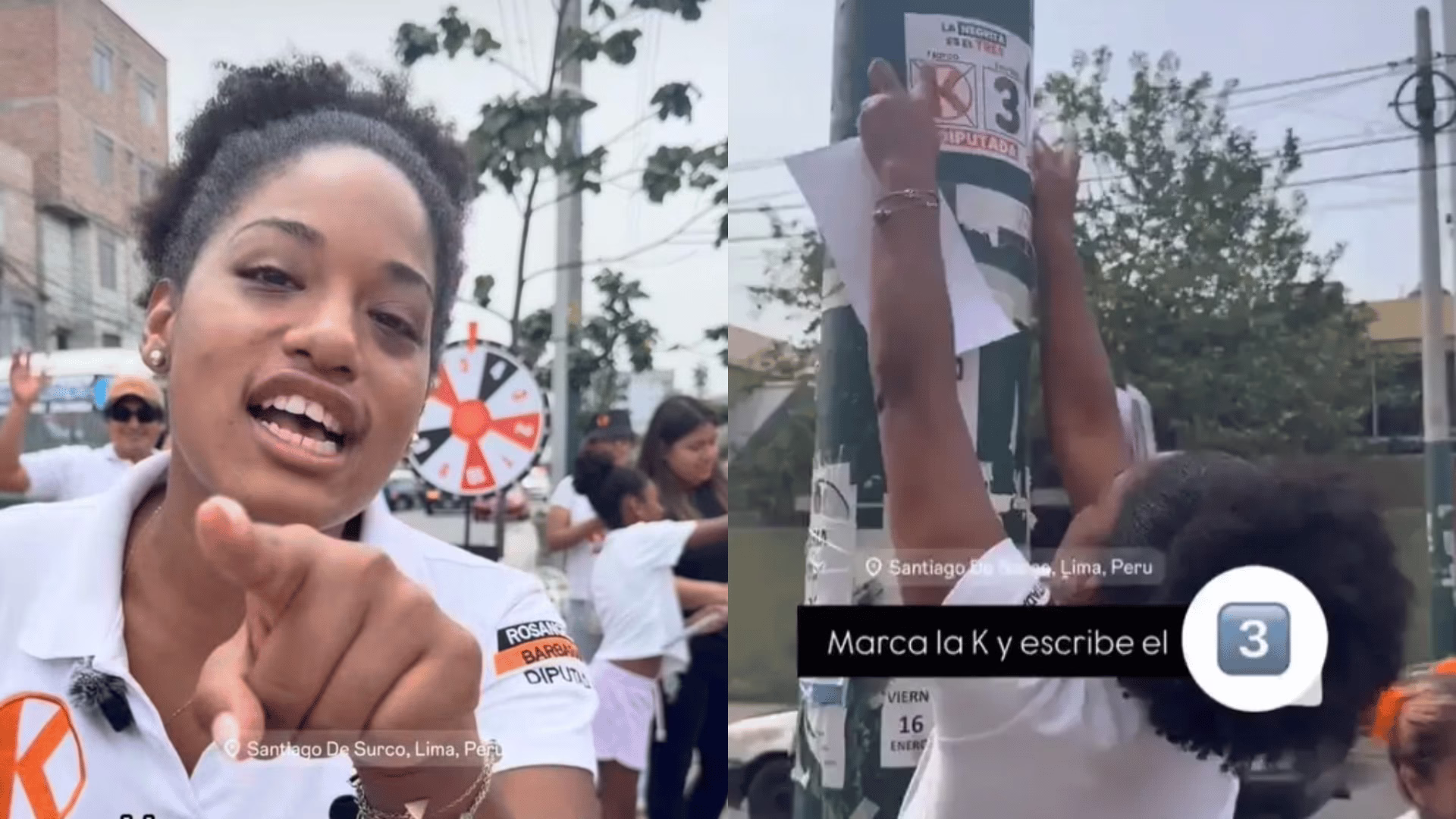 Rosangella Barbarán es registrada colocando propaganda en la vía pública.