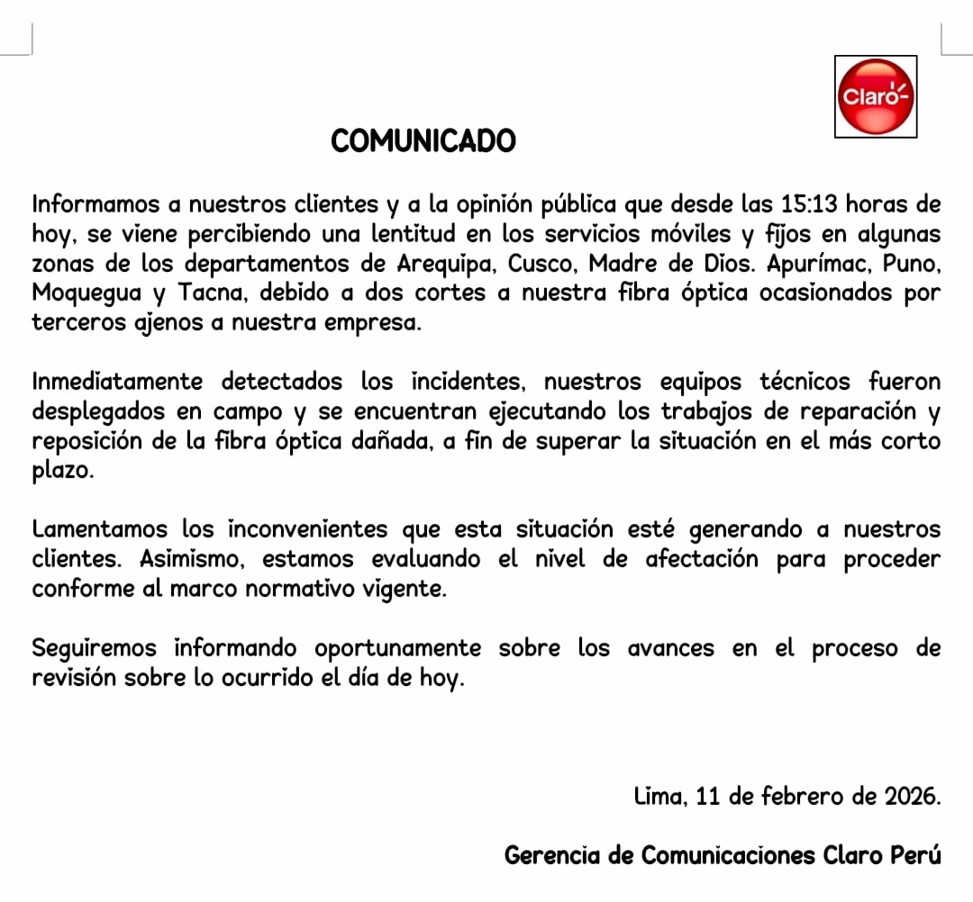 Arequipa: usuarios reportan caída e inestabilidad del Internet de Claro, desconocidos cortaron la fibra óptica 1 Arequipa: usuarios reportan caída e inestabilidad del Internet de Claro, en el norte desconocidos cortaron la fibra