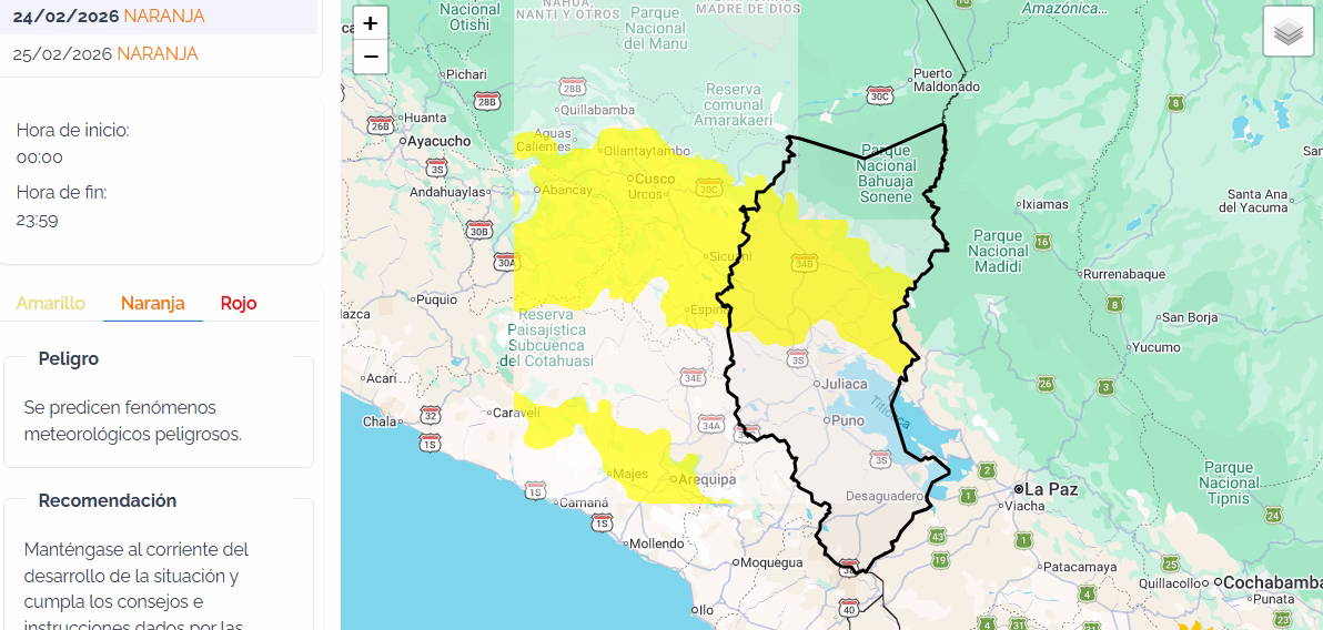 Puno: Senamhi alerta intensas lluvias, granizo y nevadas hasta el 25 de febrero 1 Puno: Senamhi alerta intensas lluvias, granizo y nevadas hasta el 25 de febrero 2026