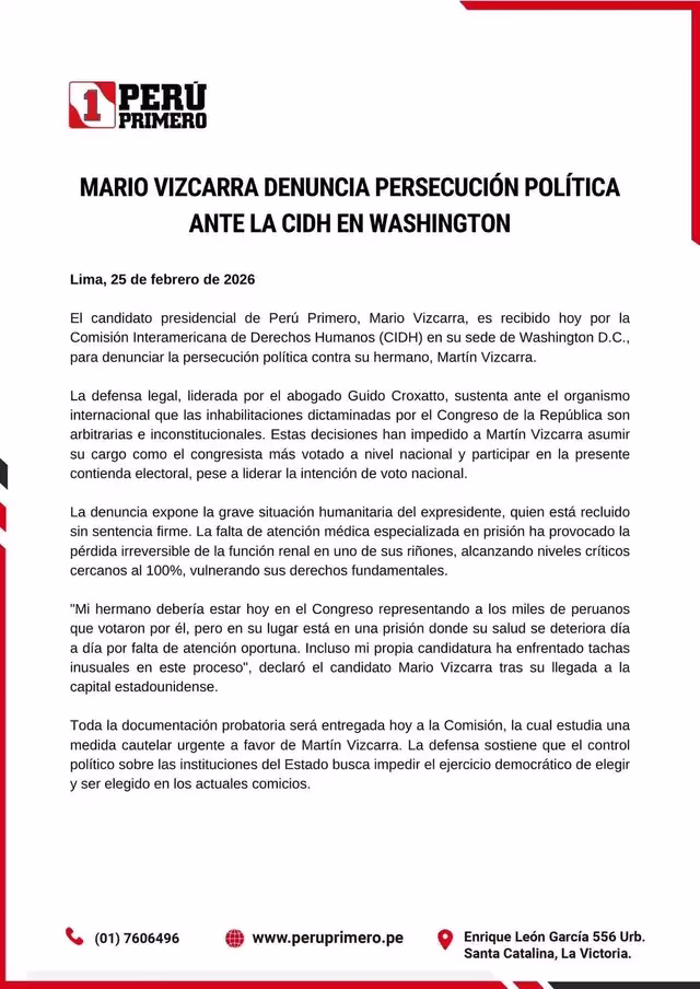 Mario Vizcarra lleva a la CIDH denuncia por persecución política contra Martín Vizcarra 2026