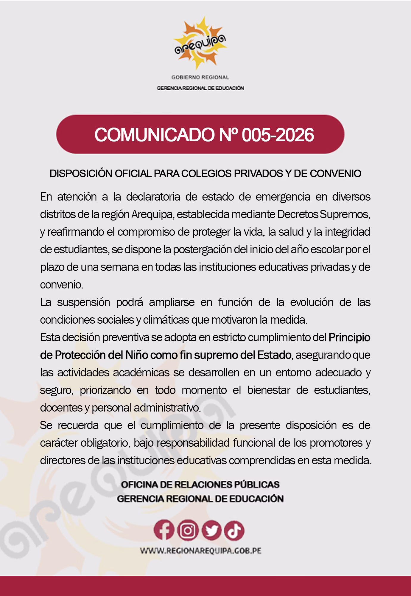 Arequipa: postergan inicio del año escolar en colegios privados y de convenio por emergencia por lluvias