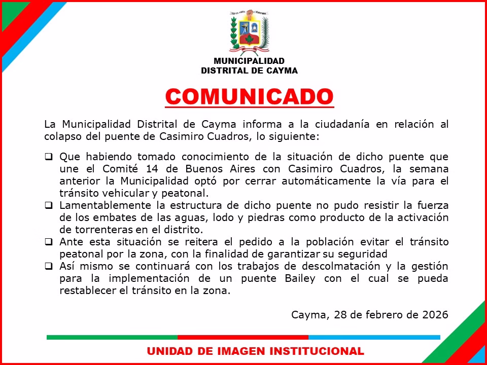 Arequipa: colapsa puente Casimiro Cuadros en Cayma tras daños por huaico y activación de torrentera