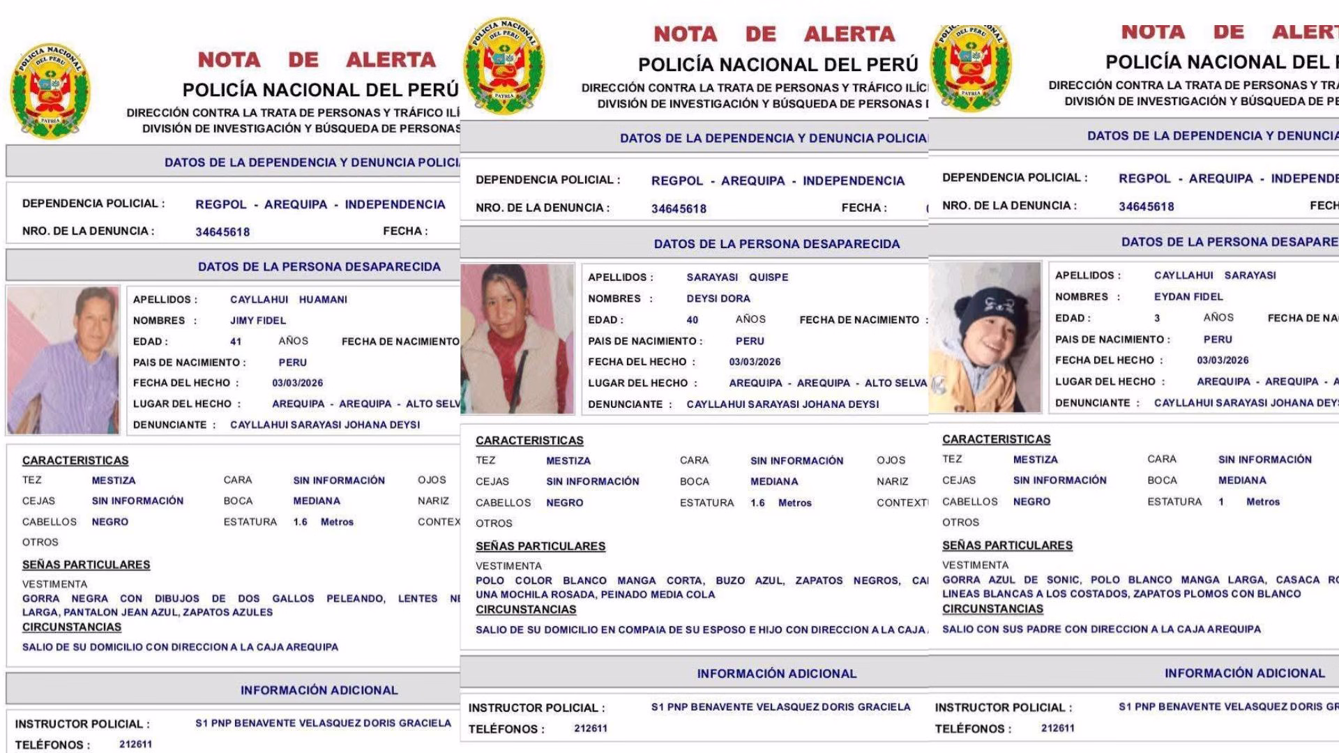 Arequipa: reportan desaparición de pareja y su hijo de 3 años tras salir de su casa en Alto Selva Alegre