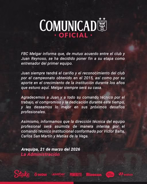 FBC Melgar anuncia la salida de Juan Reynoso tras seguidilla de malos resultados en la Liga 1