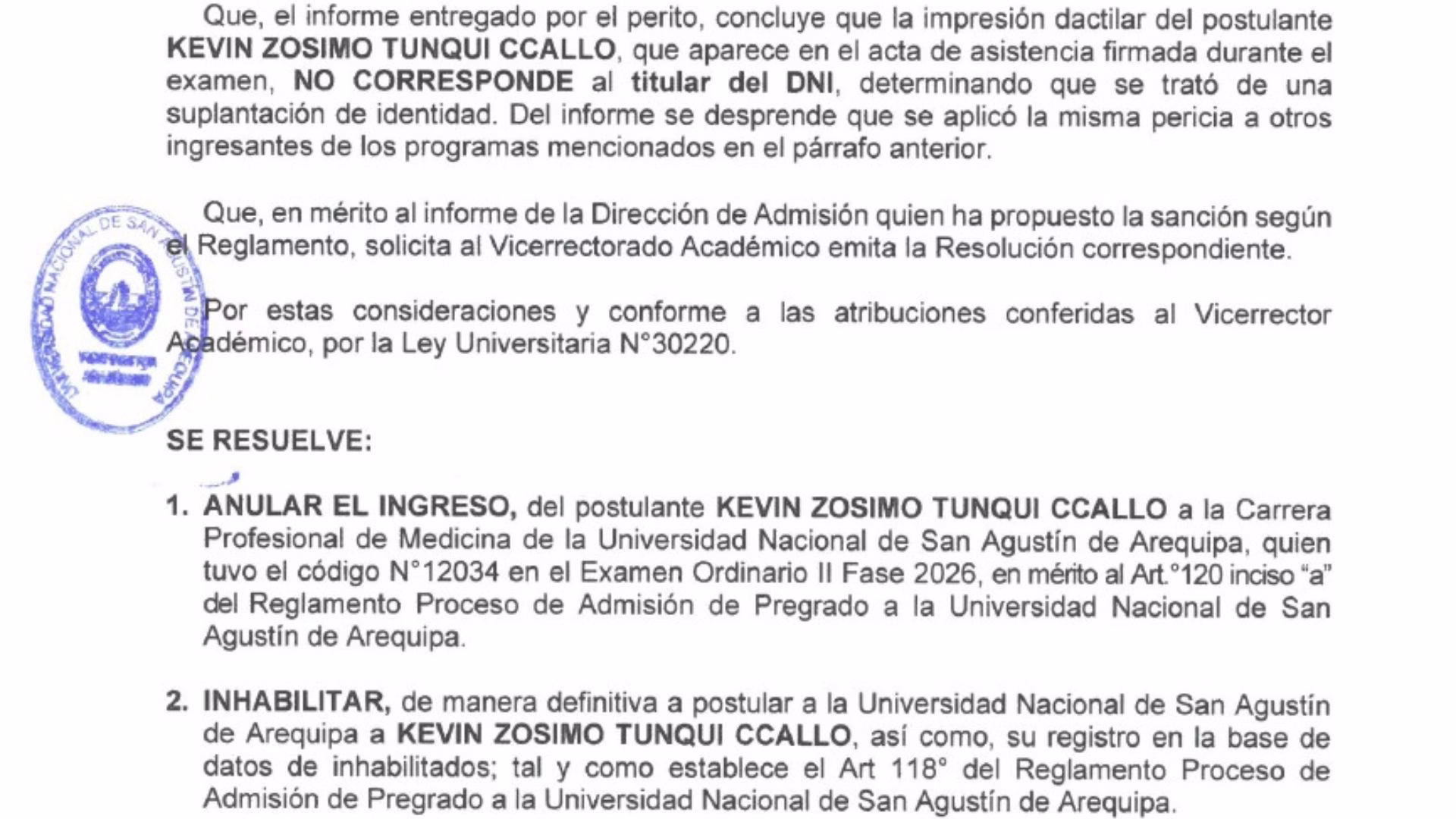 Arequipa: UNSA anula ingreso a Medicina por suplantación de identidad en examen de admisión 2026 1 Arequipa: UNSA anula ingreso a Medicina por suplantación de identidad en examen de admisión 2026