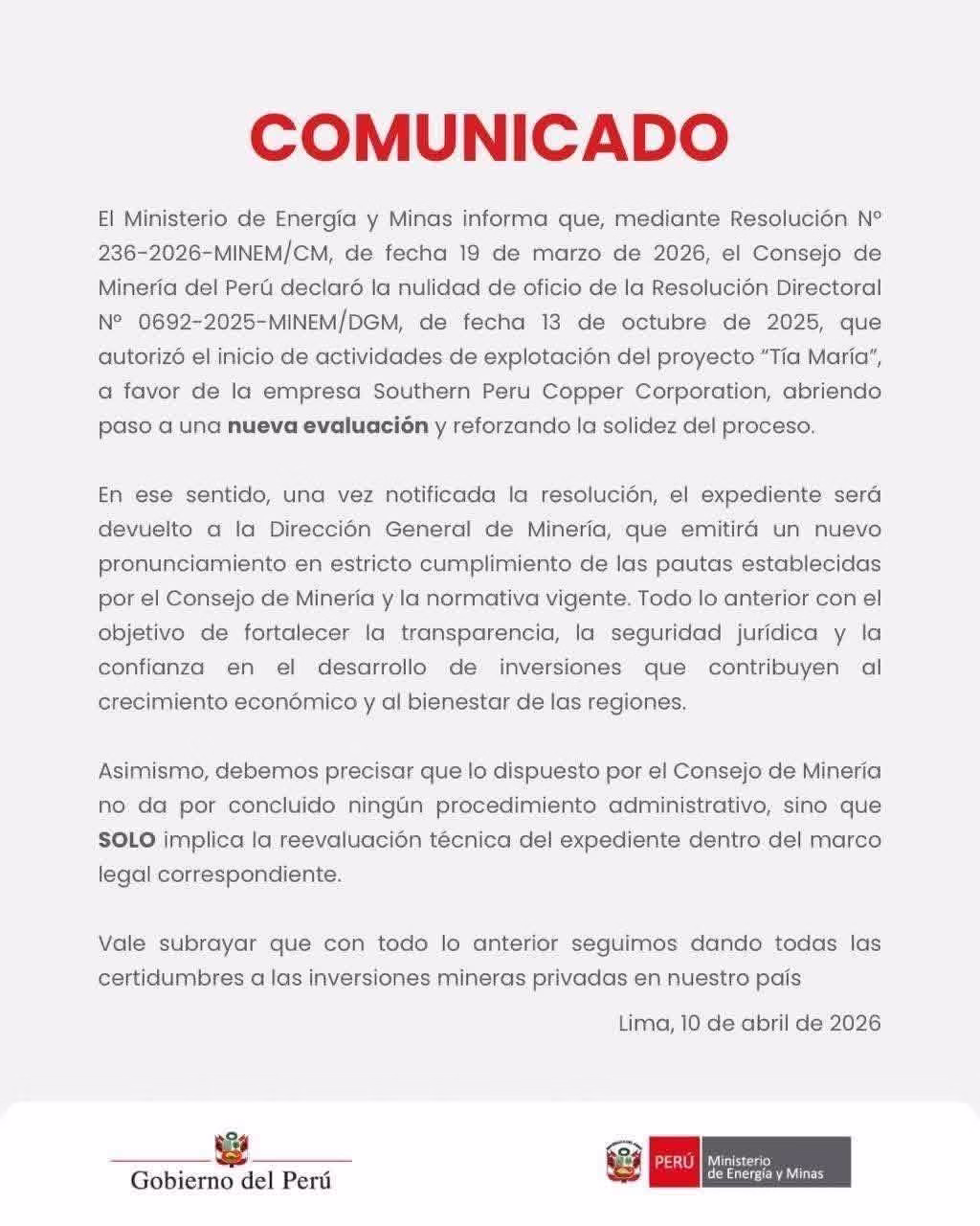 Minem ordena reevaluar proyecto Tía María en Arequipa tras anular autorización de explotación