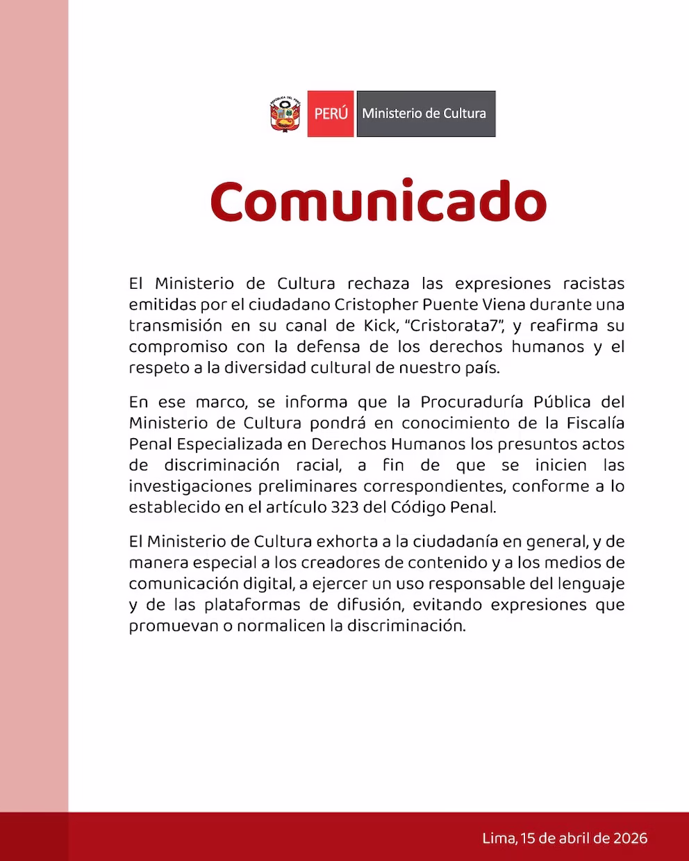 Ministerio de Cultura condena dichos discriminatorios de ‘Cristorata’ contra votantes de la sierra: será investigado 1 Ministerio de Cultura condena dichos discriminatorios de ‘Cristorata’ contra votantes de la sierra: será investigado 2026