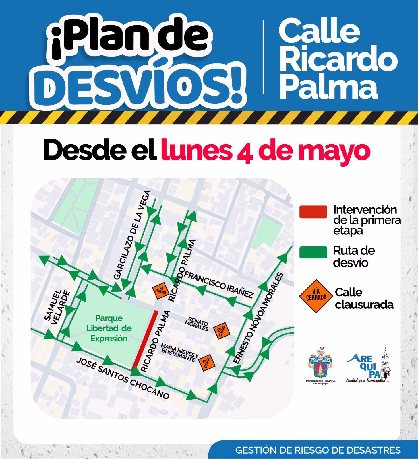 Arequipa: cierran calle Ricardo Palma y puente San Martín por obras de asfaltado desde este 4 de mayo