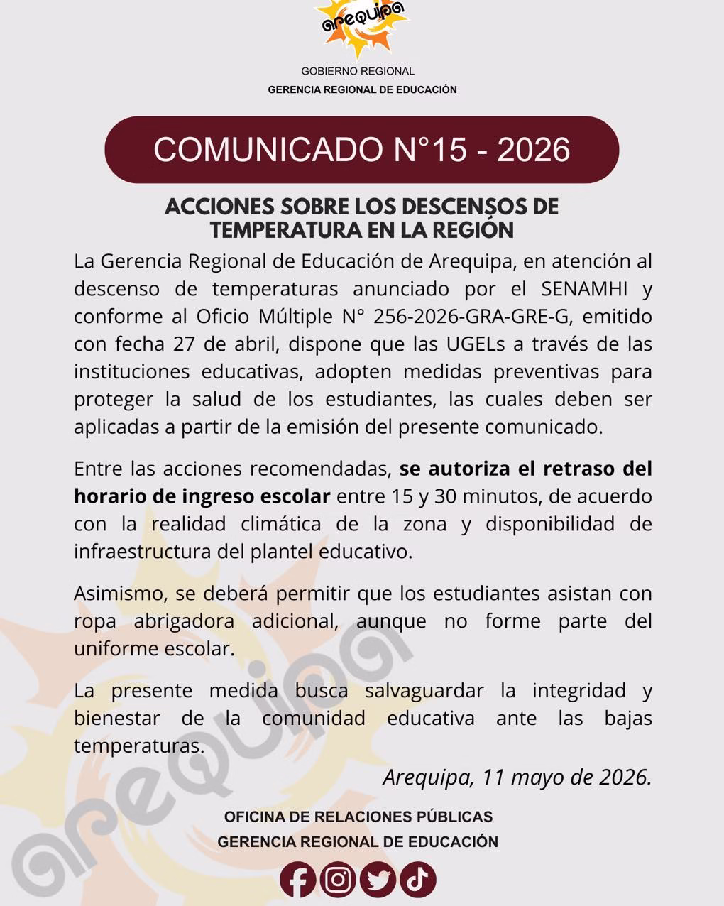 Arequipa: colegios podrán retrasar ingreso de escolares por bajas temperaturas, dispone la GREA