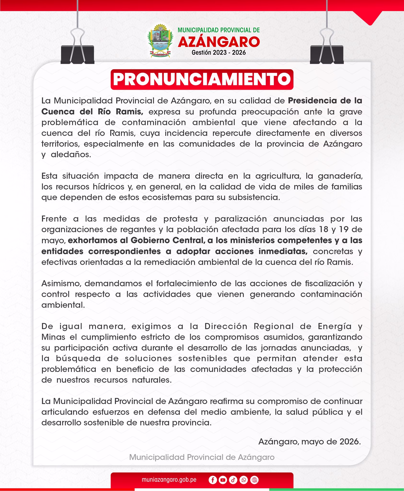 Puno: pobladores de la cuenca Ramis inician paro de 48 horas con bloqueo de vías por contaminación minera