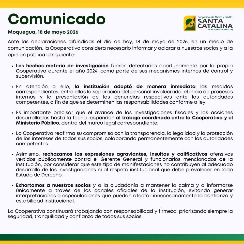 Cooperativa Santa Catalina: investigan a extrabajadores por desfalco de S/10 millones por "ruleteo" de dinero 2026