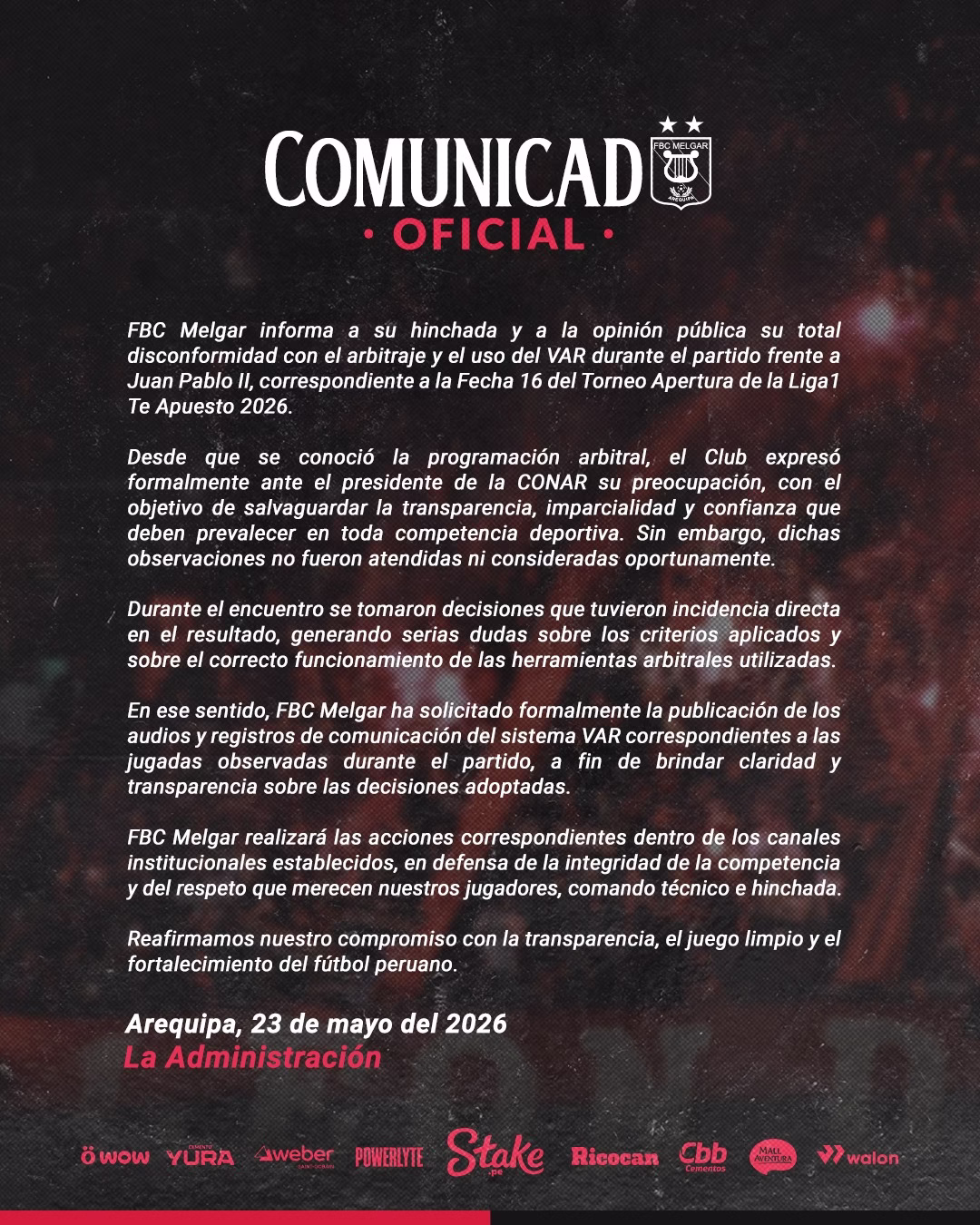 FBC Melgar exige audios del VAR tras polémico empate ante Juan Pablo II por la Liga 1 2026 1 FBC Melgar exige audios del VAR tras polémico empate ante Juan Pablo II por la Liga 1 2026