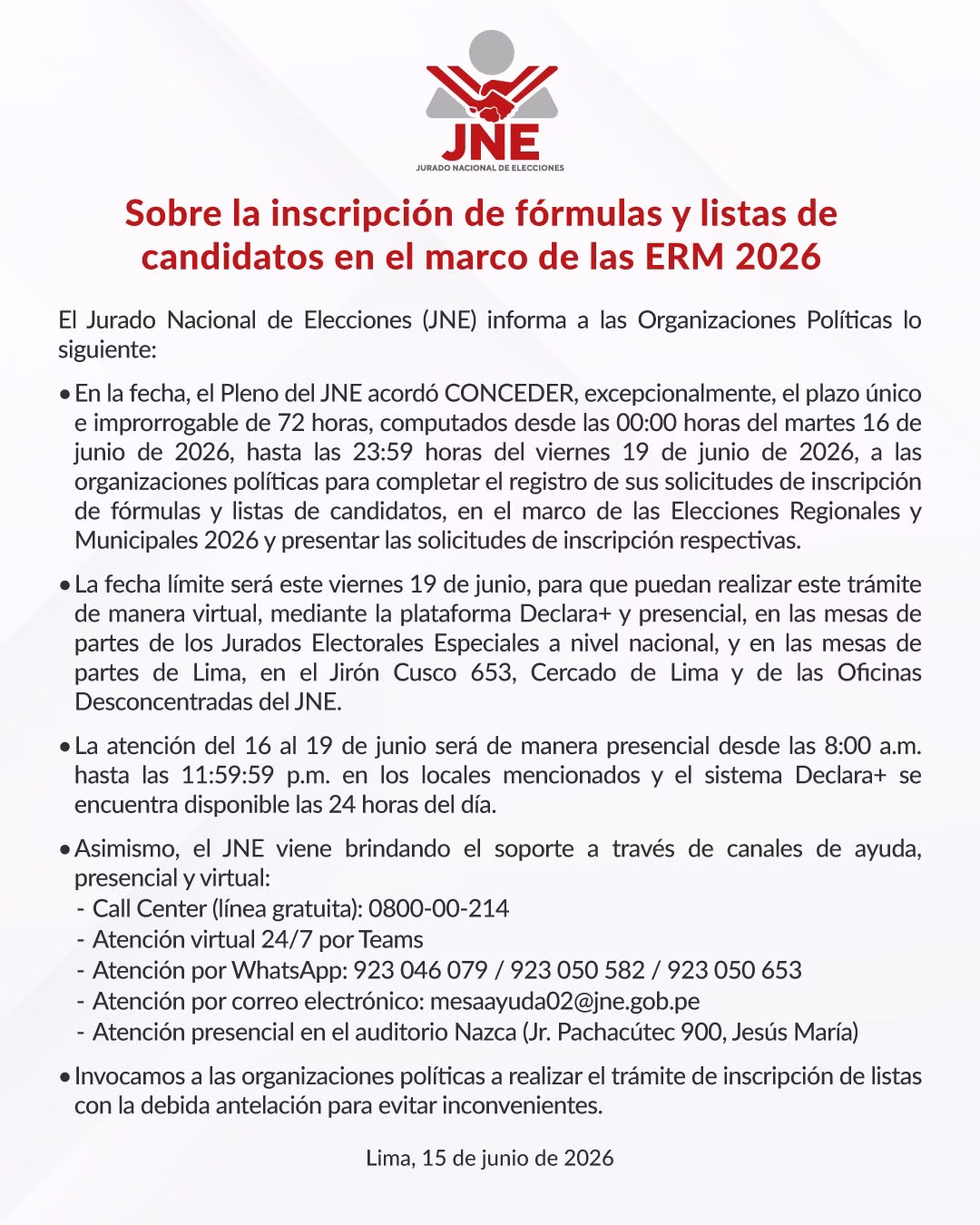 JNE amplía plazo hasta el 19 de junio para inscribir candidatos a Elecciones Regionales y Municipales 2026