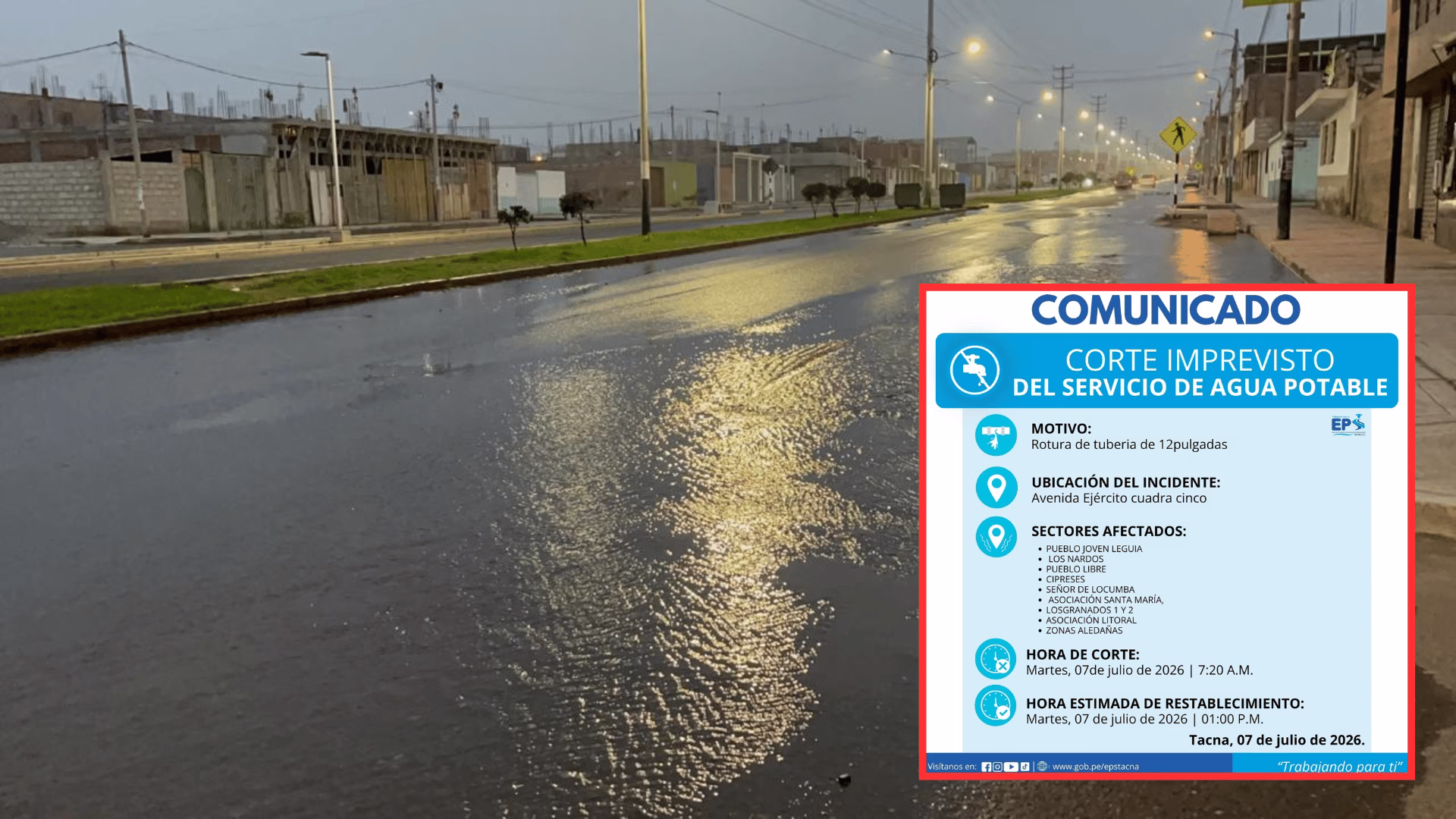 Tacna: rotura de tubería provoca inundación de calles y corte del servicio de agua.