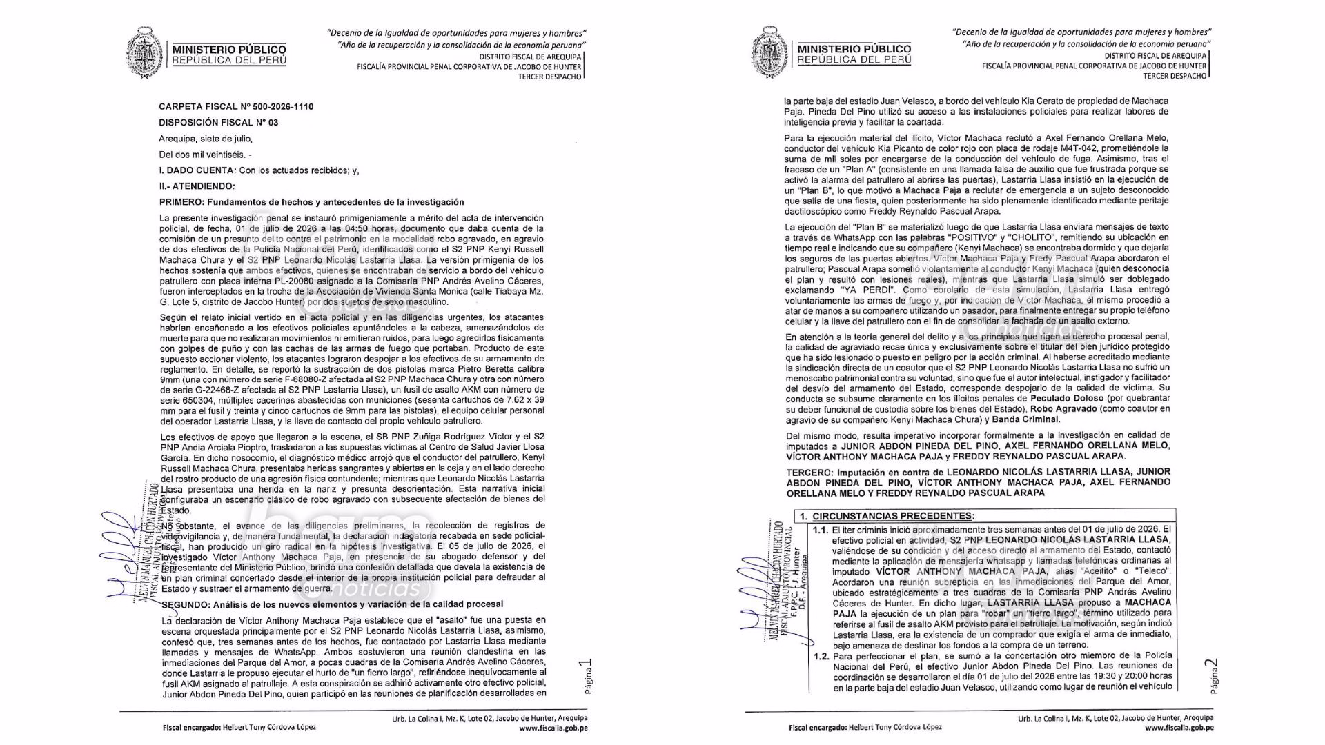 Arequipa: Fiscalía revela que robo de AKM y pistolas a policías fue asalto simulado y amplía investigación contra 2 suboficiales