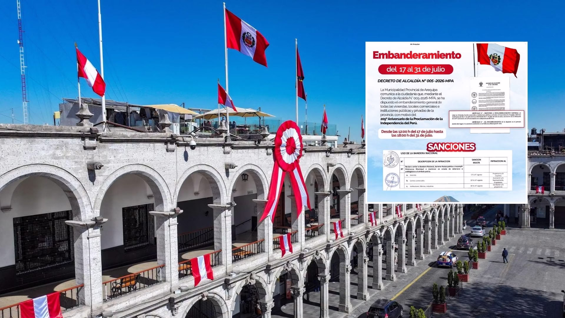 Arequipa: Multarán hasta con S/ 1605 a quienes no coloquen la bandera peruana durante Fiestas Patrias