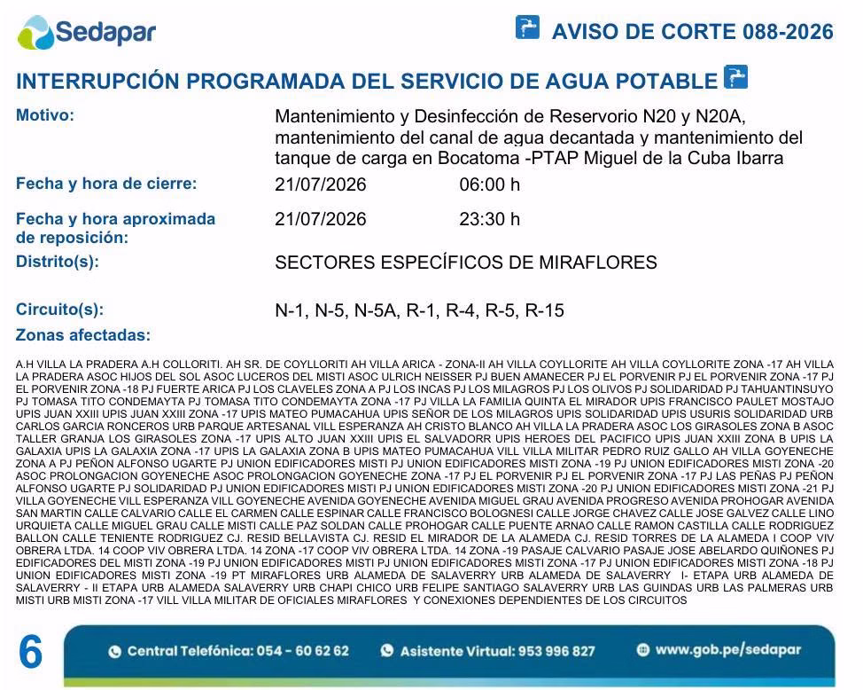 Siete distritos de Arequipa se quedarán sin agua potable este martes 21 de julio por trabajos de Sedapar 2026