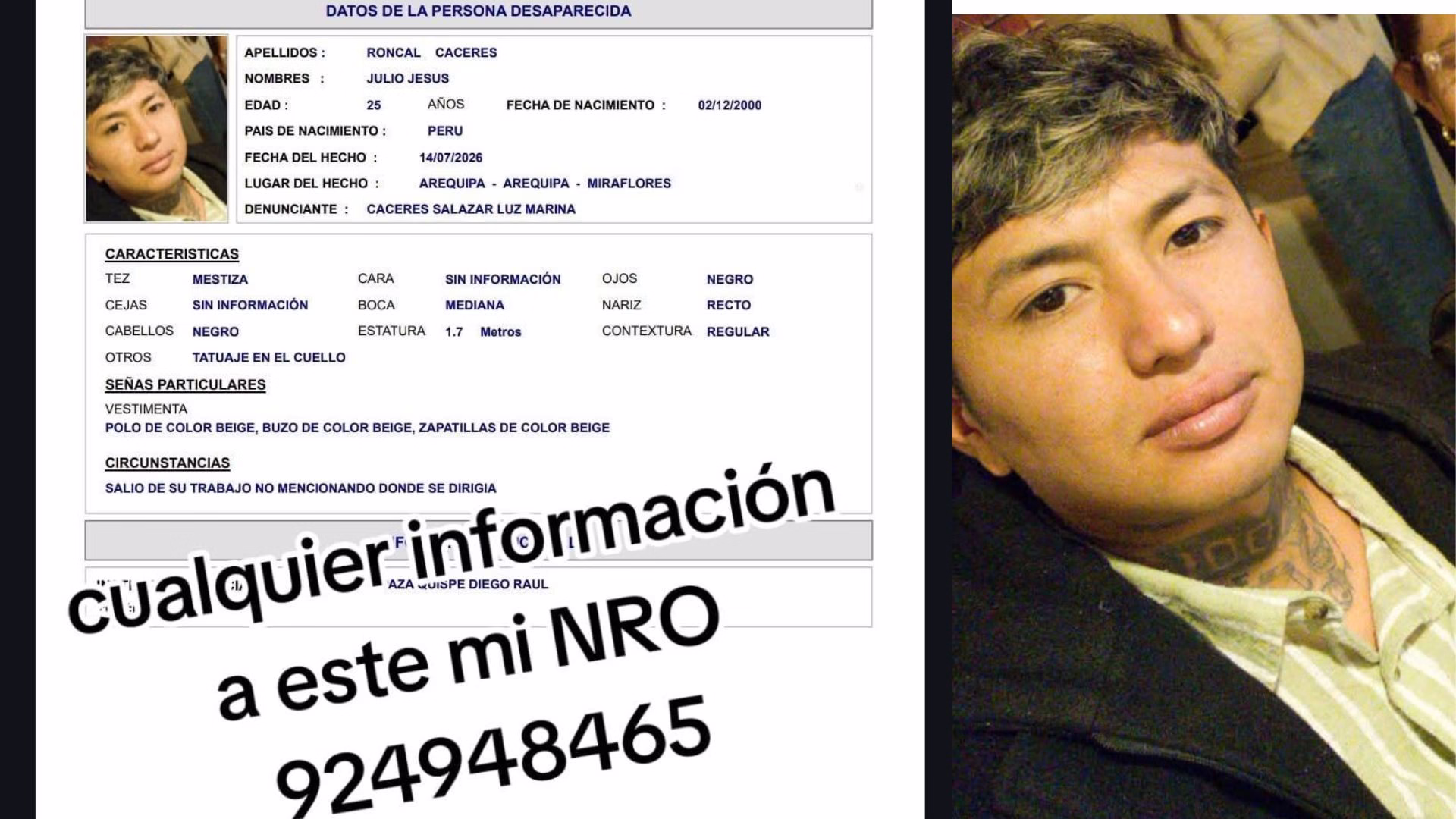 Familia busca a joven carpintero desaparecido en Arequipa: misterioso Yape de S/ 700 sería última pista