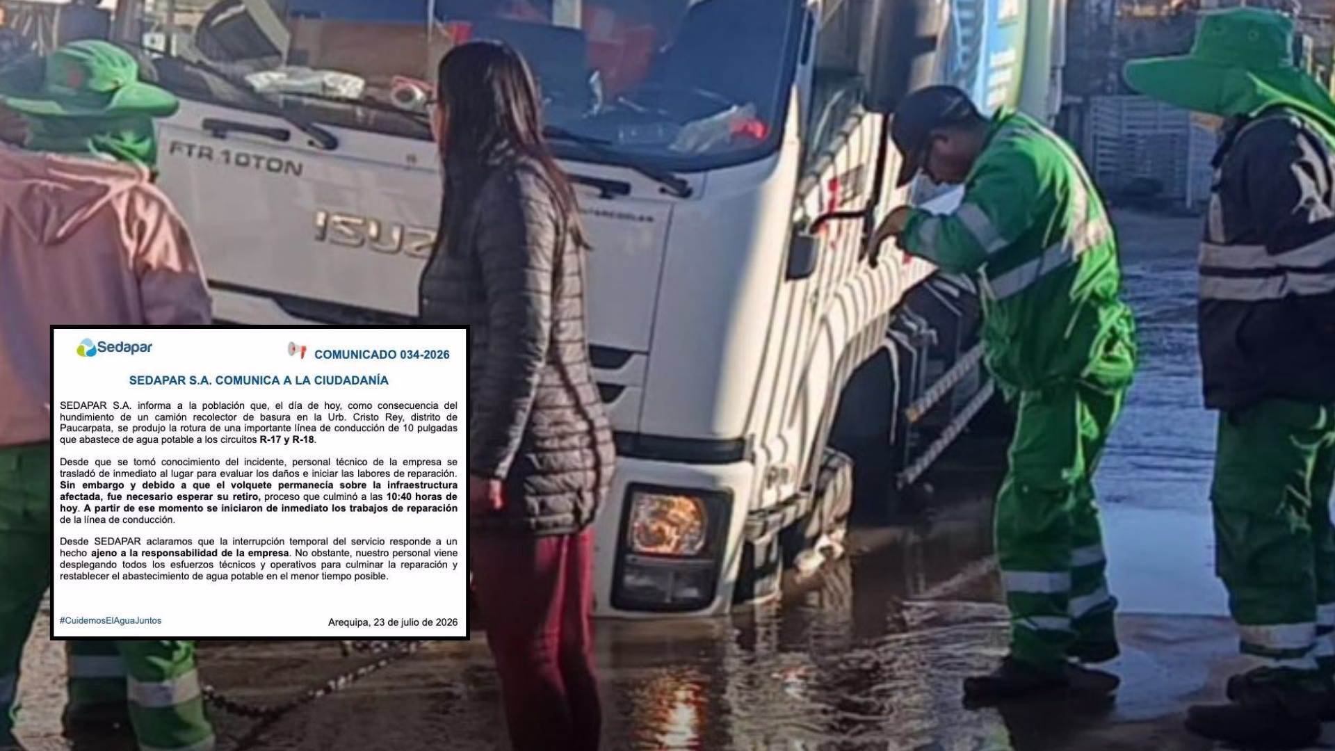 Camión recolector se hunde y rompe tubería matriz: deja sin agua varios sectores de Paucarpata