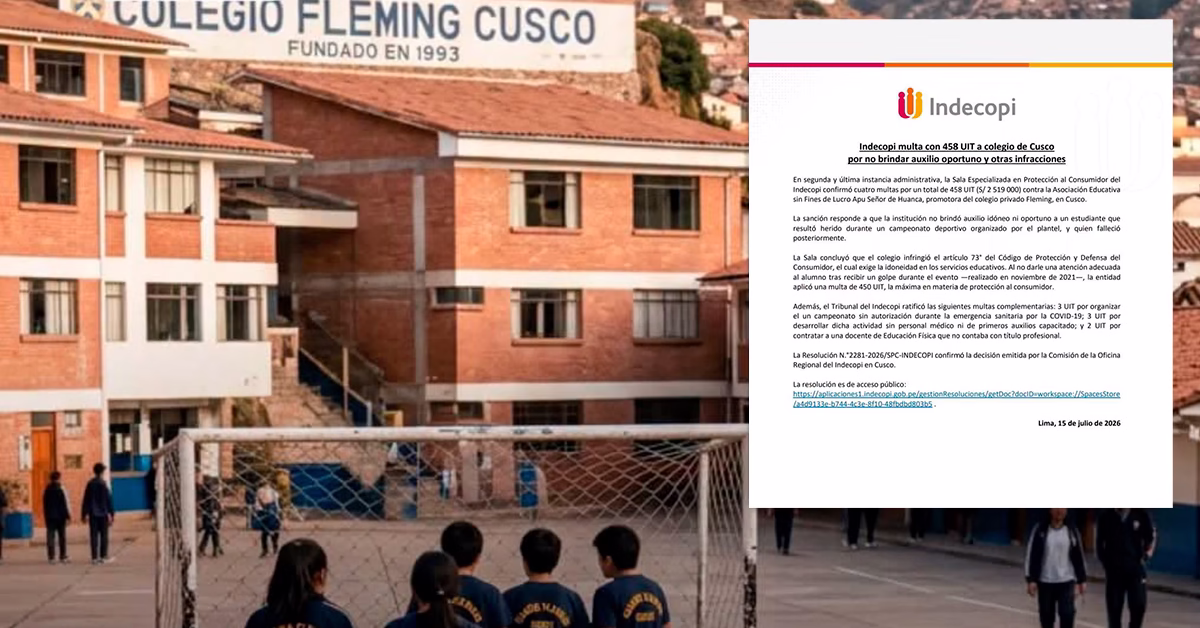 Indecopi ratifica millonaria multa contra colegio de Cusco por no asistir a estudiante que murió tras accidente deportivo.