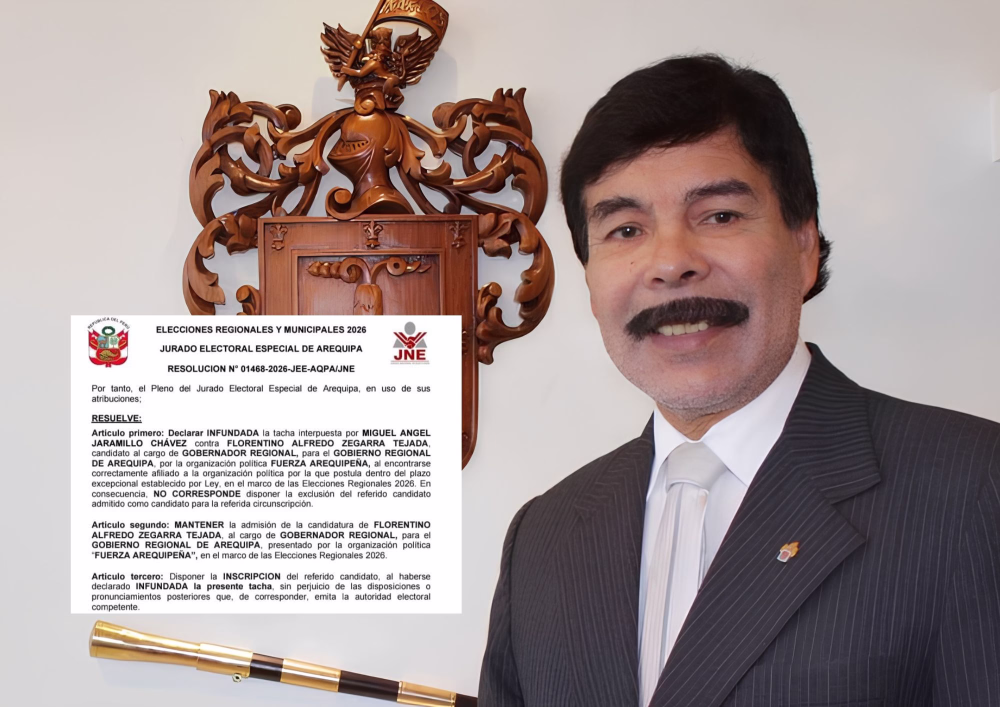 Alfredo Zegarra mantiene su candidatura al Gobierno Regional de Arequipa tras declararse infundada la tacha. Su inhabilitación aún debe ser evaluada.